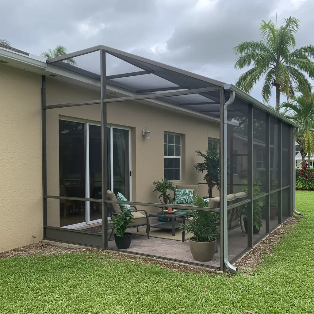 Patio screen enclosure in Port Orange FL with brick pavers and tropical decor