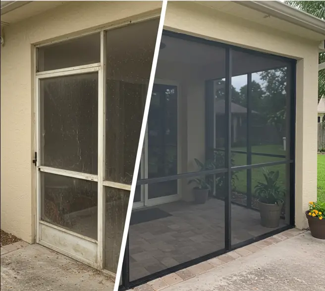 Before and after patio screen repair in Port Orange FL showing old frame replaced with new black enclosure