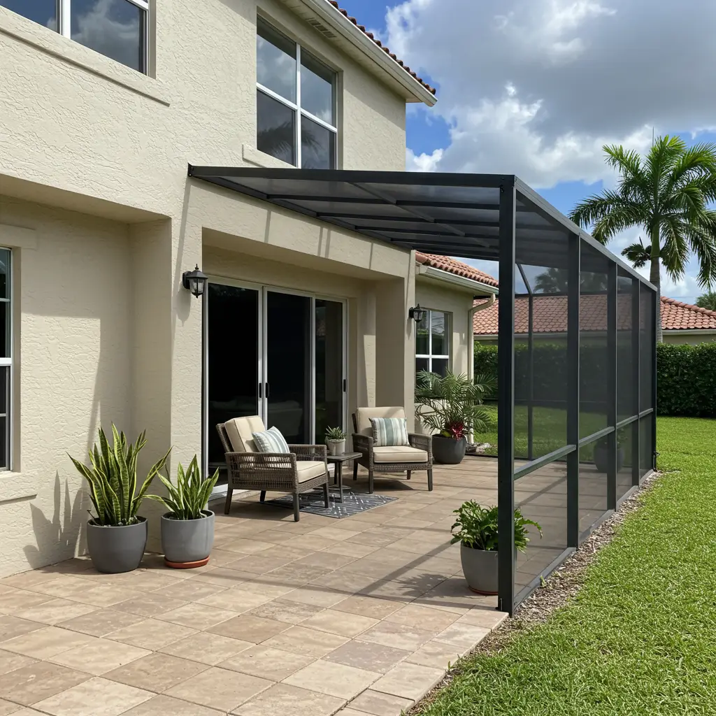 Modern patio screen enclosure in Port Orange FL with tan pavers and outdoor seating