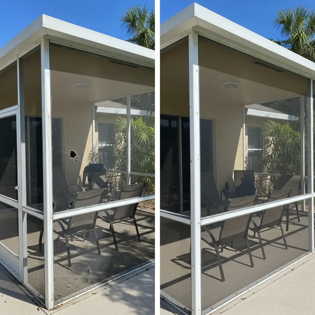 Before and after lanai screen repair in Port Orange, FL showing damaged panels replaced with new clean screens