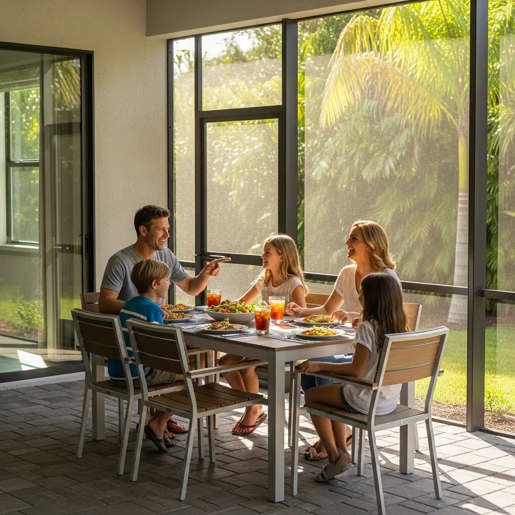 Family enjoying meal inside screened patio enclosure in Port Orange, FL with natural light and outdoor view
