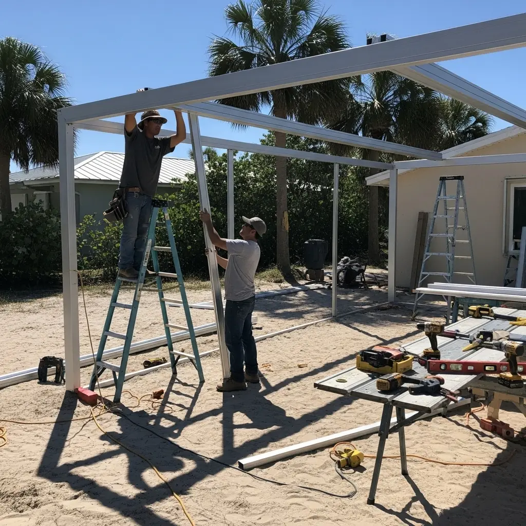 Crew installing new patio screen enclosure in Port Orange, FL with aluminum framing under construction