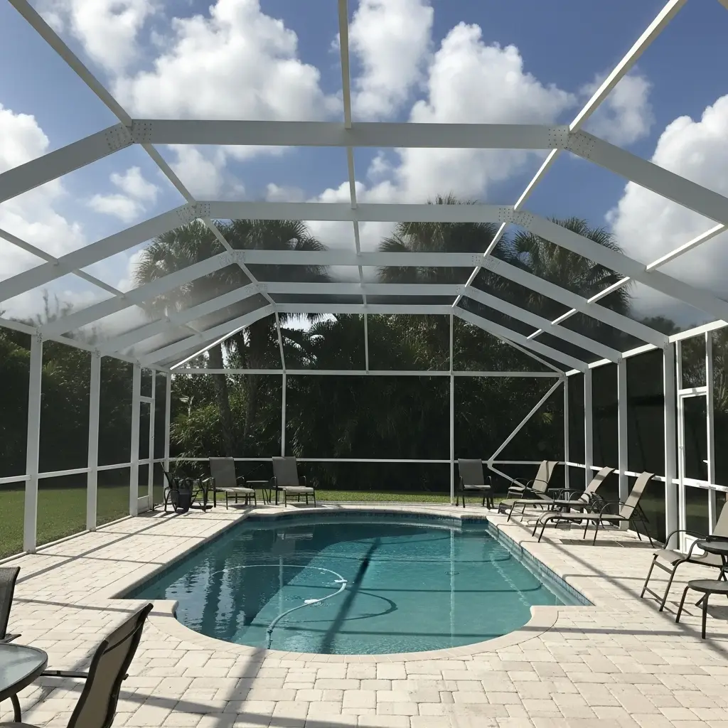 New pool cage installation in Port Orange, FL featuring white aluminum framing and screened enclosure