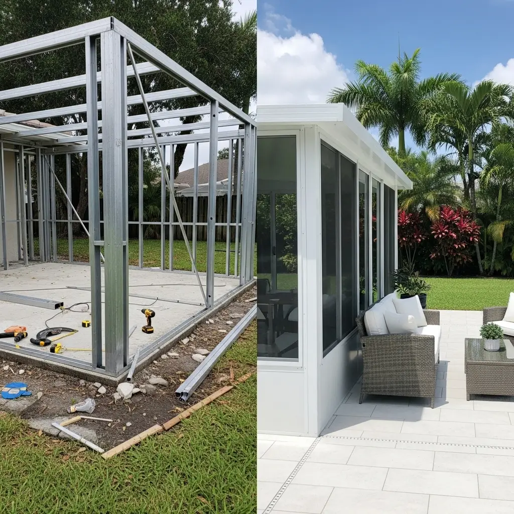 Before and after pool cage rescreening in Port Orange, FL showing new aluminum framing and enclosed patio