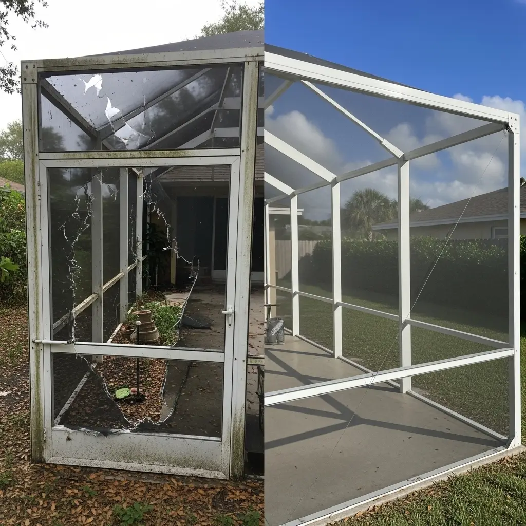 Before and after pool cage screen repair in Port Orange, FL showing restored aluminum framing and new mesh panels