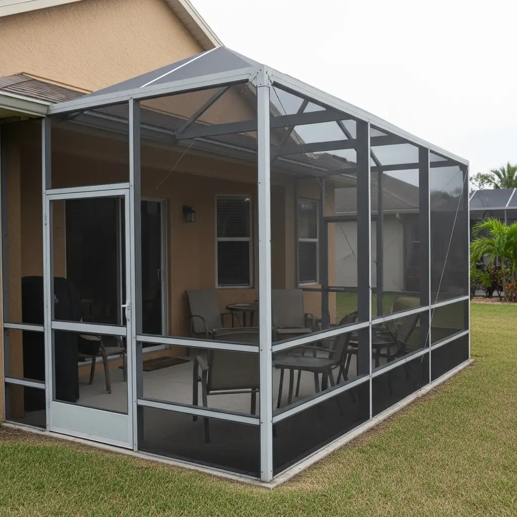 Residential pool screen enclosure in Port Orange, FL with aluminum frame and screened patio area