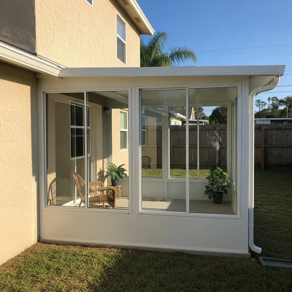 Newly installed residential screen enclosure in Port Orange, FL with sliding glass doors and patio seating
