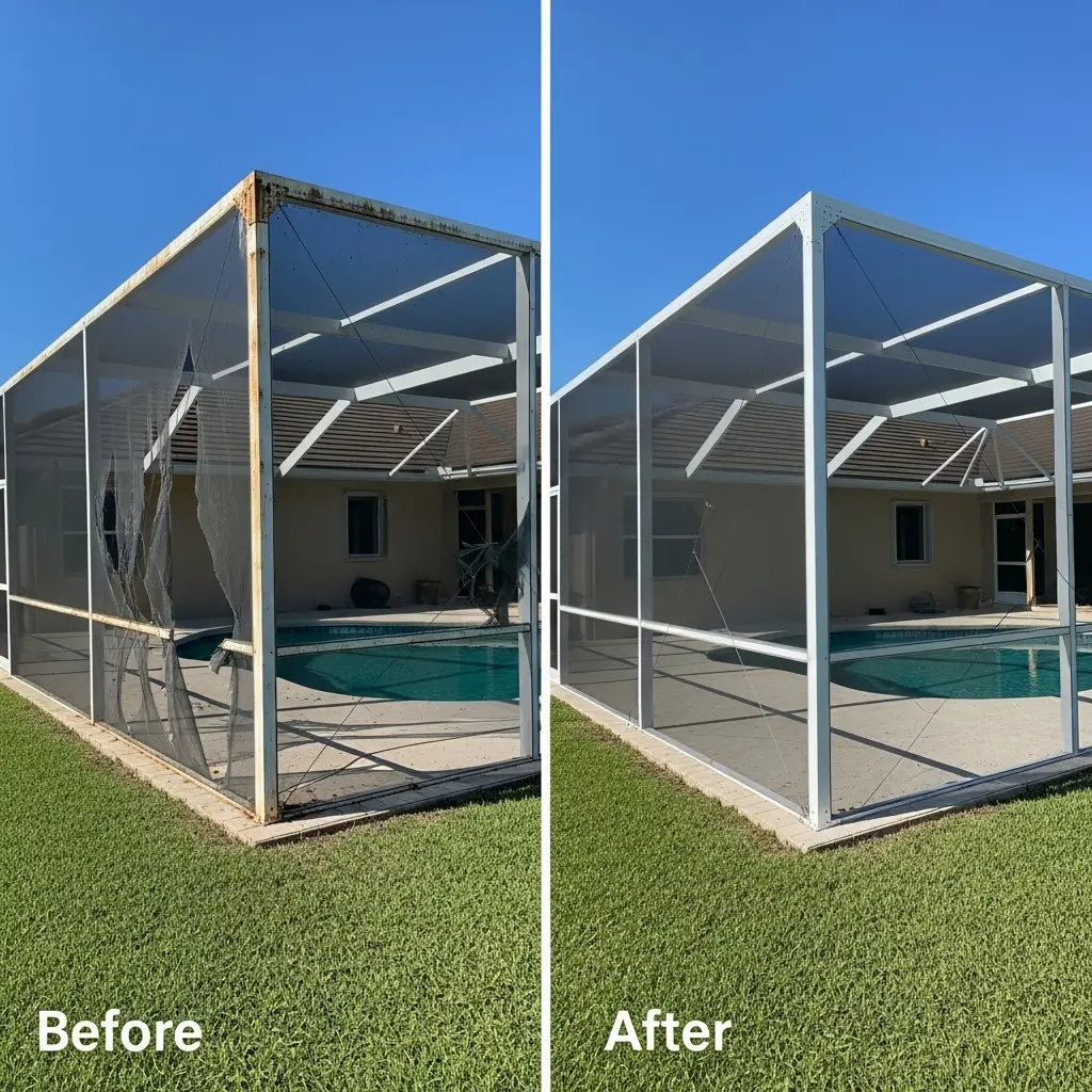Before and after pool screen replacement in Port Orange, FL showing restored enclosure panels