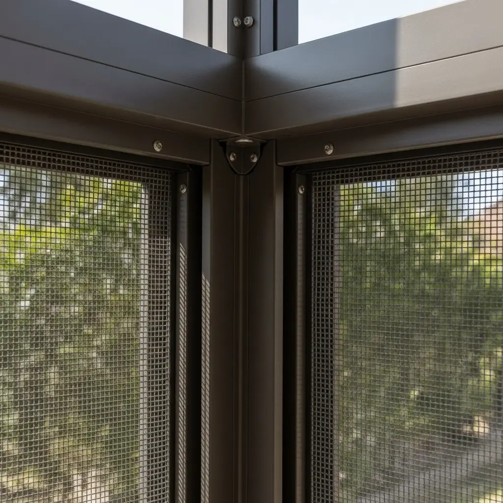 Close-up of screened porch corner repair in Port Orange, FL showing aluminum frame and mesh panels