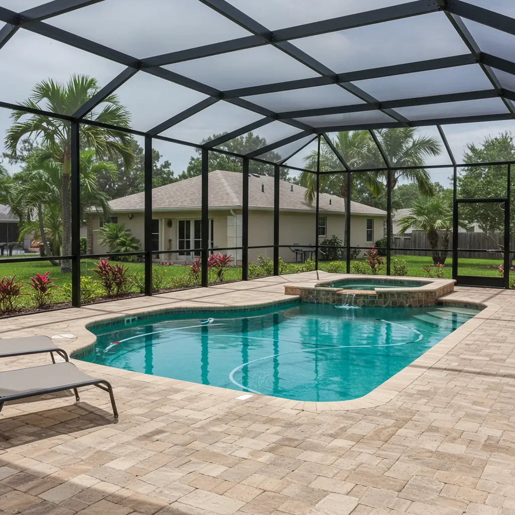 Screened pool enclosure with hot tub and patio area in Port Orange, FL backyard